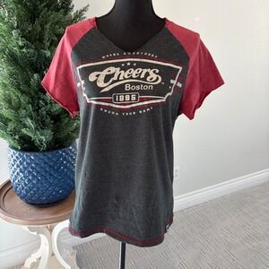 Altered Cheers Boston‎ T-Shirt Womens Small Grey Red Raglan V-Neck Short Sleeve